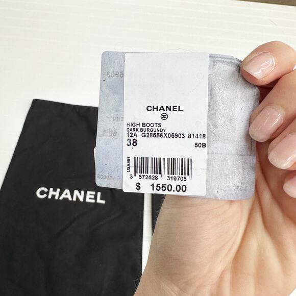 Chanel CC Burgundy Leather CC Quilted Diamond Stitched Block Heel Boots Calf 38 - Picture 12 of 13